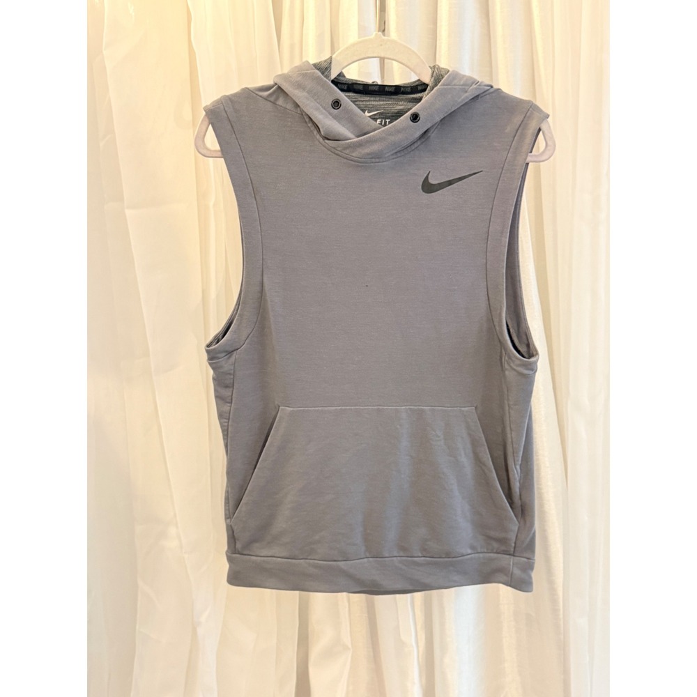 Nike Sleeveless Hoodie Mens Small Grey Dri-FIT Training Vest Swoosh Logo